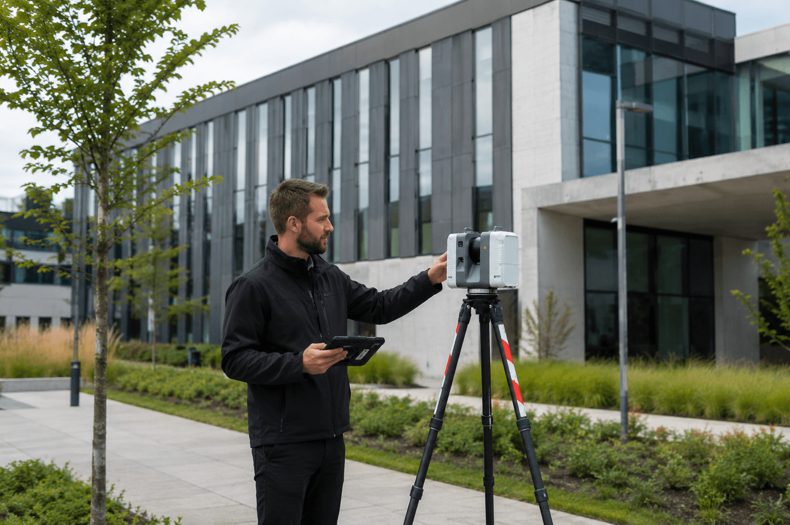 Aanbieder scant een gebouw in met een 3D-laserscanner